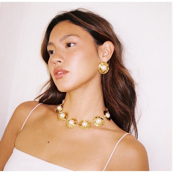 NWT Frasier Sterling Athens Necklace Chocker Gold Plated Faux Pearls - Picture 3 of 7